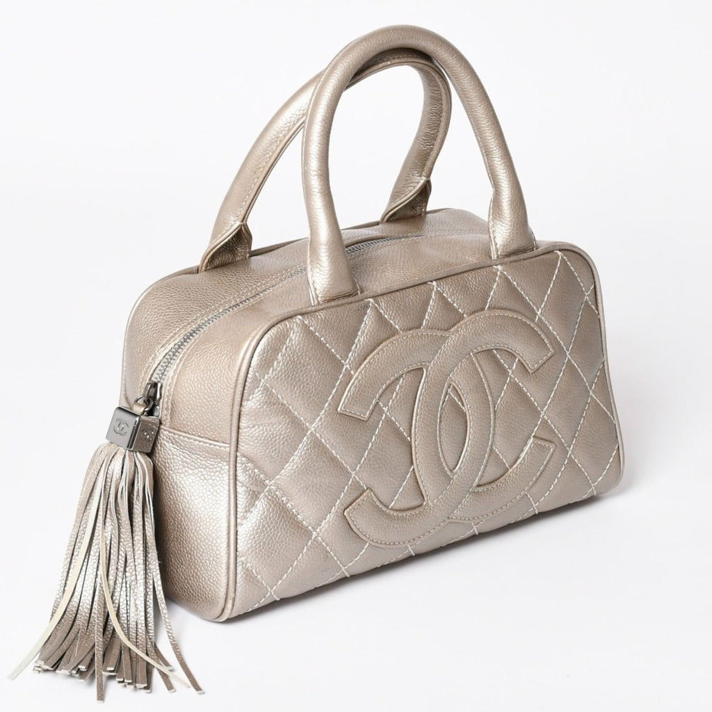 Chanel Quilted CC Logo Mini Boston Bag Caviar Leather Blanc Style Gold Silver — view 3