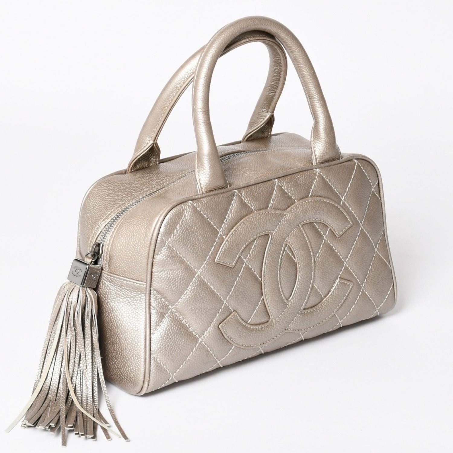 Chanel Quilted CC Logo Mini Boston Bag Caviar Leather Blanc Style Gold Silver — view 3