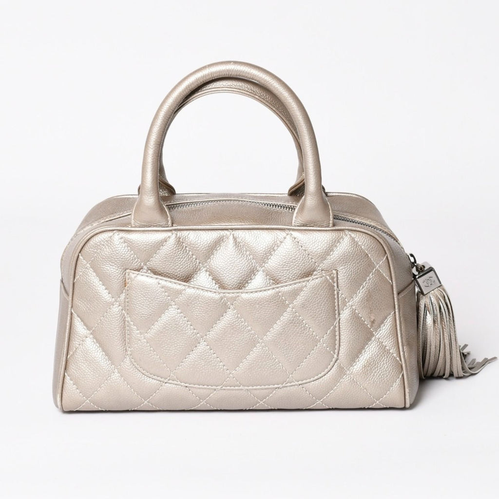 Chanel Quilted CC Logo Mini Boston Bag Caviar Leather Blanc Style Gold Silver — view 2