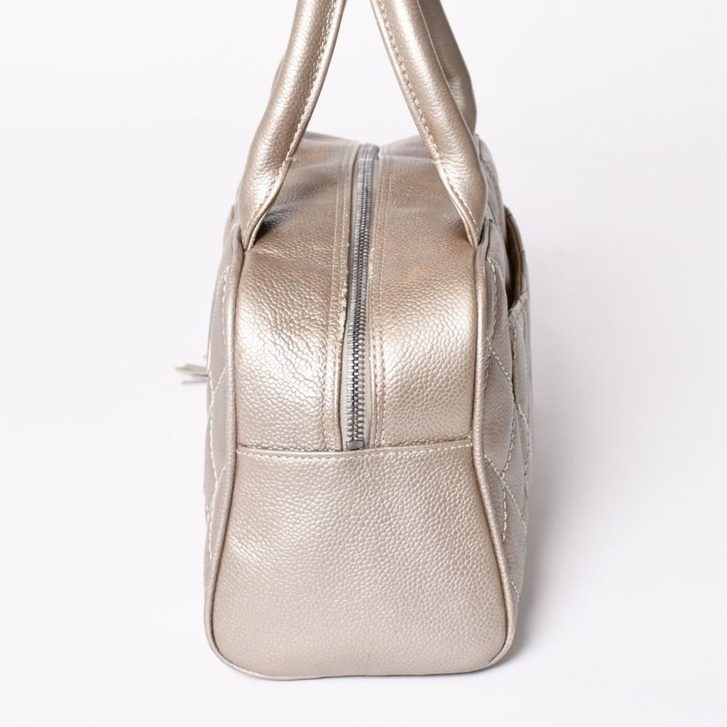 Chanel Quilted CC Logo Mini Boston Bag Caviar Leather Blanc Style Gold Silver — view 4