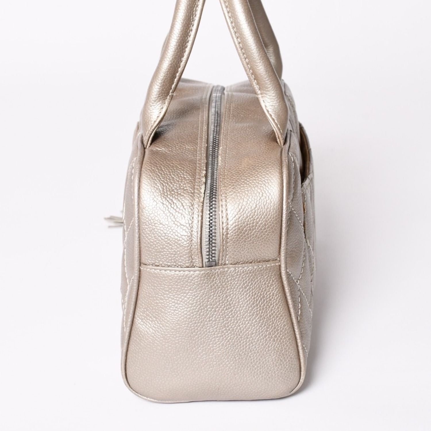 Chanel Quilted CC Logo Mini Boston Bag Caviar Leather Blanc Style Gold Silver — view 4