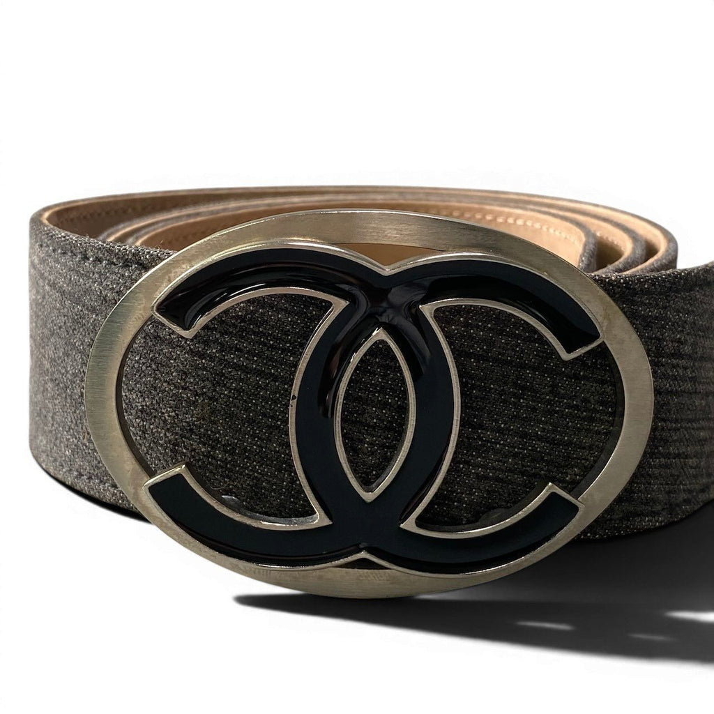Chanel CC Logo Buckle Denim Leather Belt 36 90 Gray — view 2