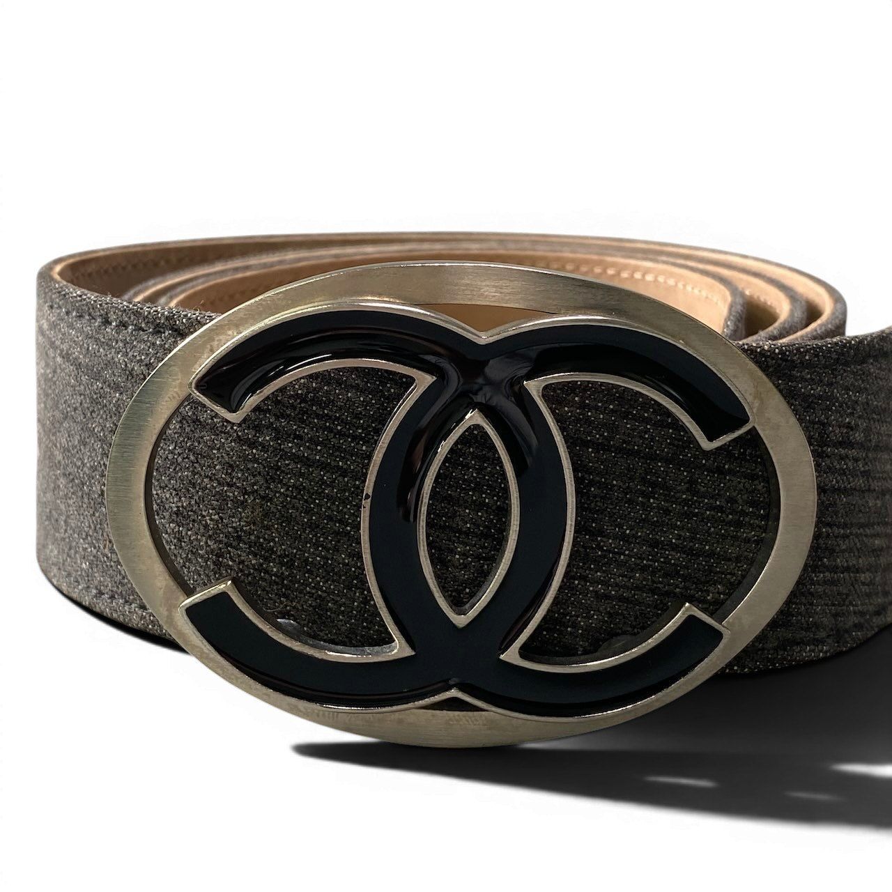 Chanel CC Logo Buckle Denim Leather Belt 36 90 Gray — view 2