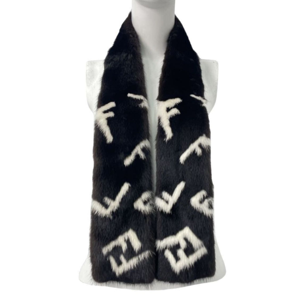 Fendi Mink Scarf FF Zucca Leather Fur Black