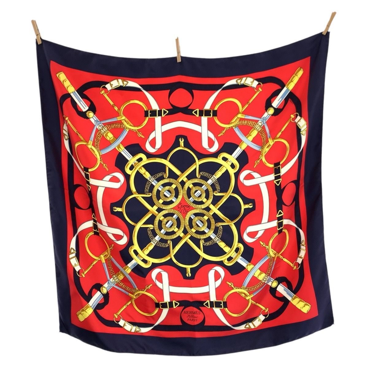 Hermes Yellow Gold Spurs Carre 90 Red Navy Silk Scarf