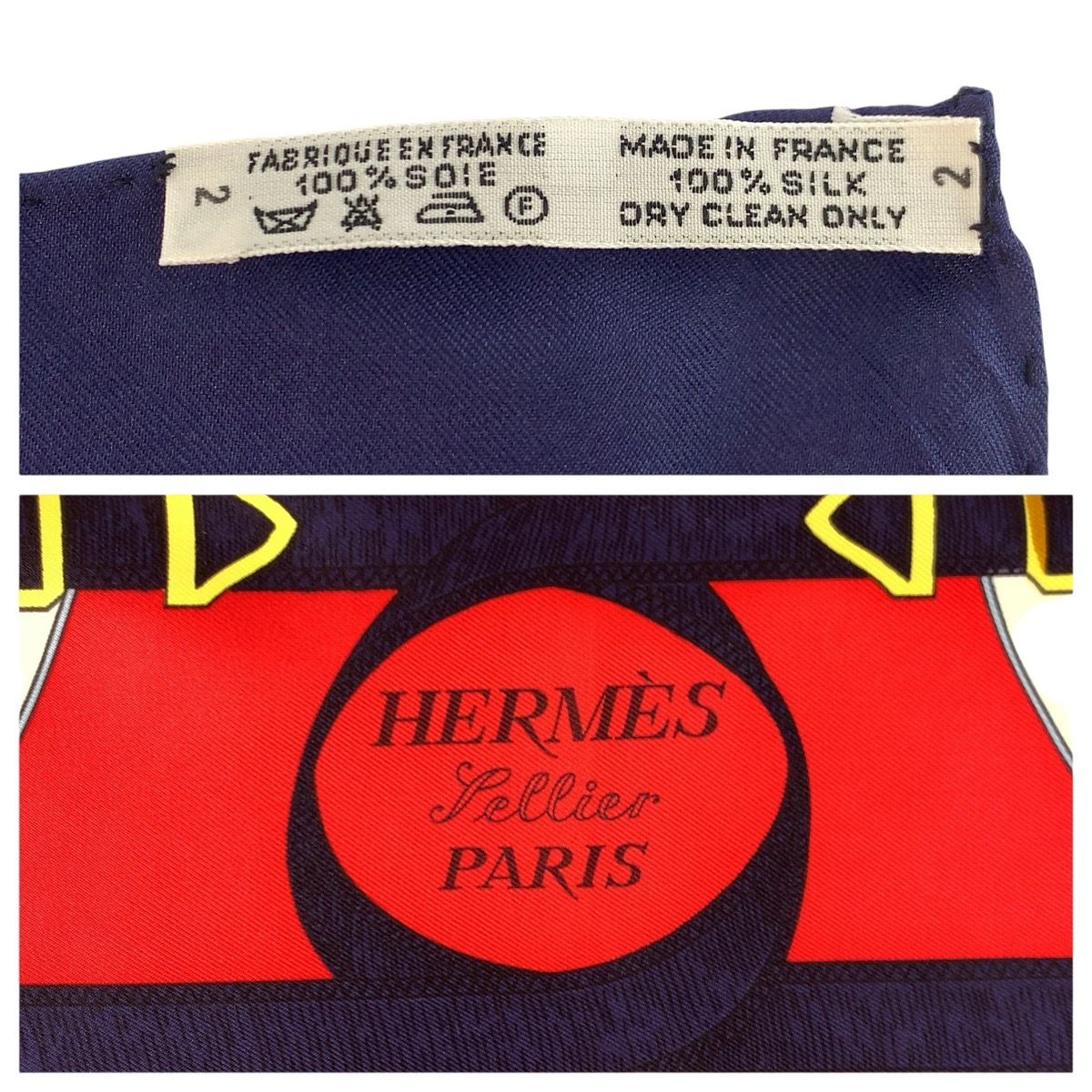 Hermes Yellow Gold Spurs Carre 90 Red Navy Silk Scarf — view 3