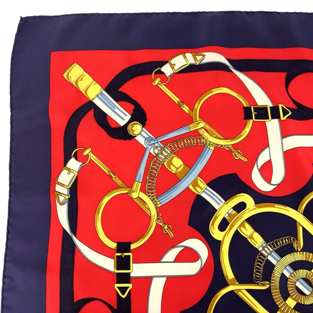 Hermes Yellow Gold Spurs Carre 90 Red Navy Silk Scarf — view 5