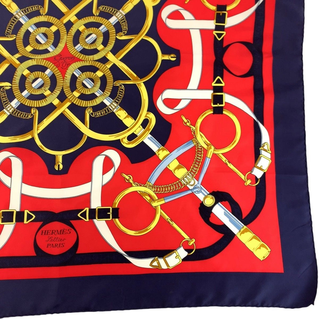 Hermes Yellow Gold Spurs Carre 90 Red Navy Silk Scarf — view 8
