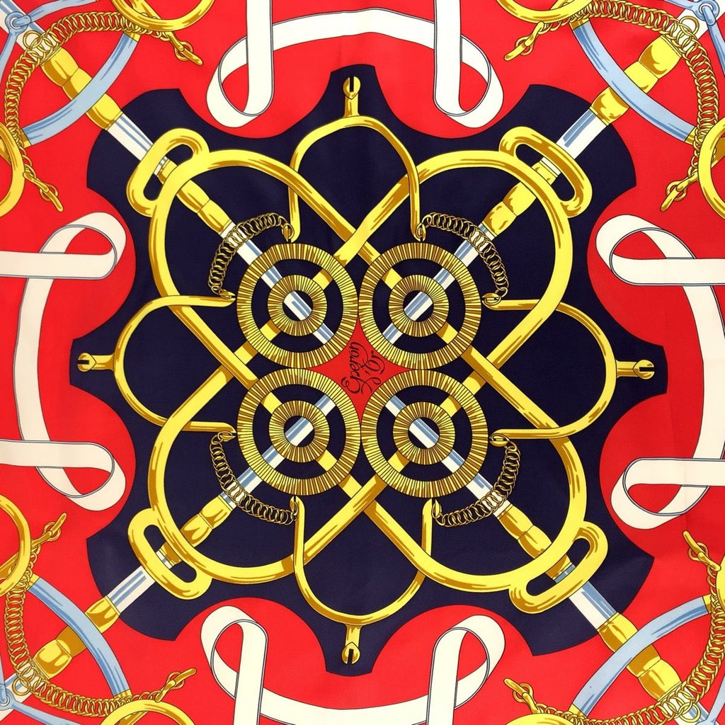 Hermes Yellow Gold Spurs Carre 90 Red Navy Silk Scarf — view 4