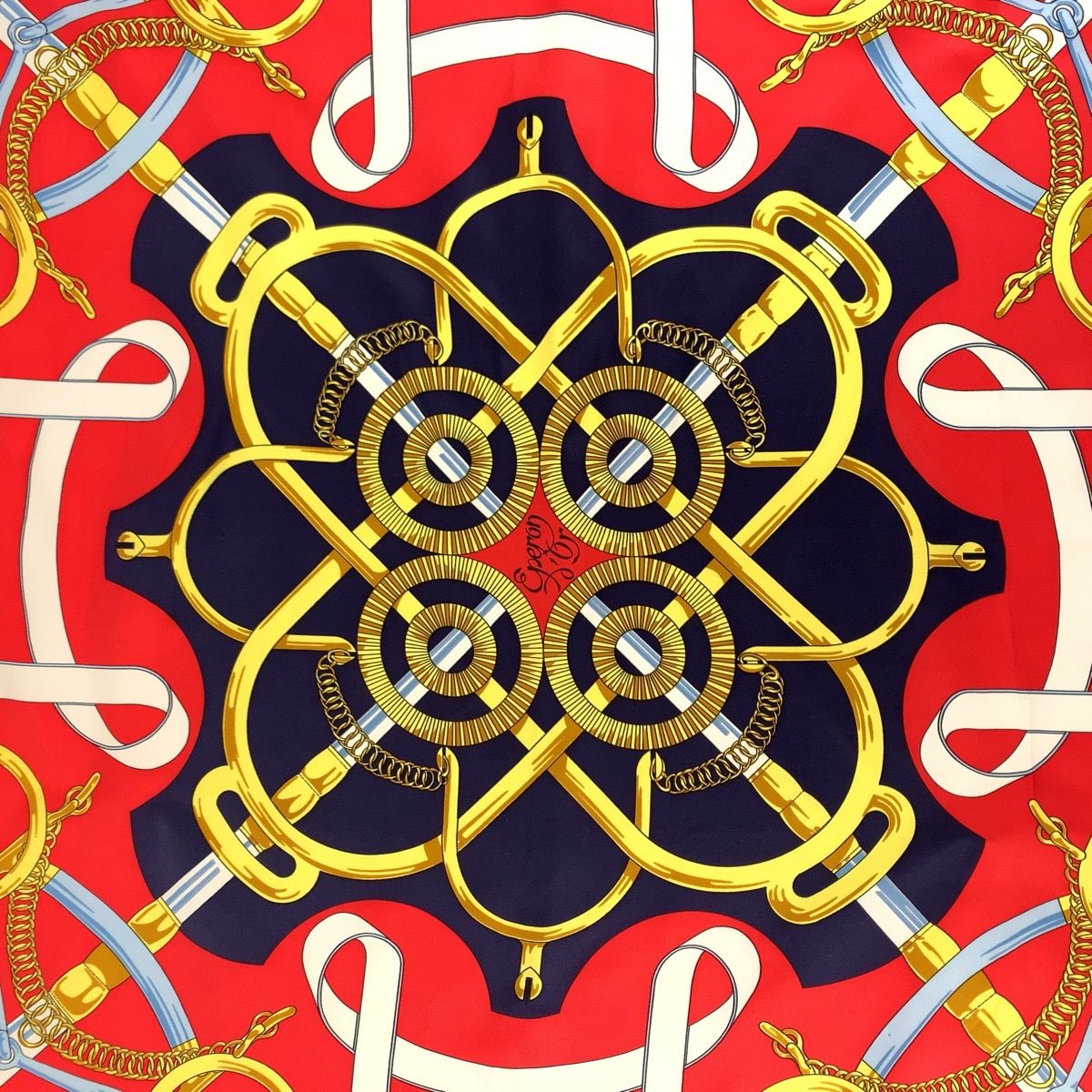 Hermes Yellow Gold Spurs Carre 90 Red Navy Silk Scarf — view 4