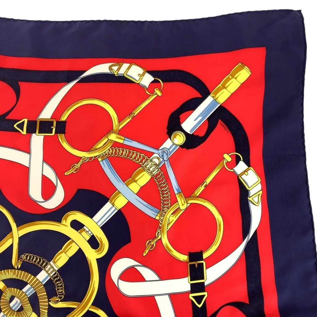 Hermes Yellow Gold Spurs Carre 90 Red Navy Silk Scarf — view 6