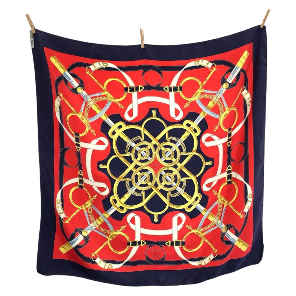 Hermes Yellow Gold Spurs Carre 90 Red Navy Silk Scarf — view 2