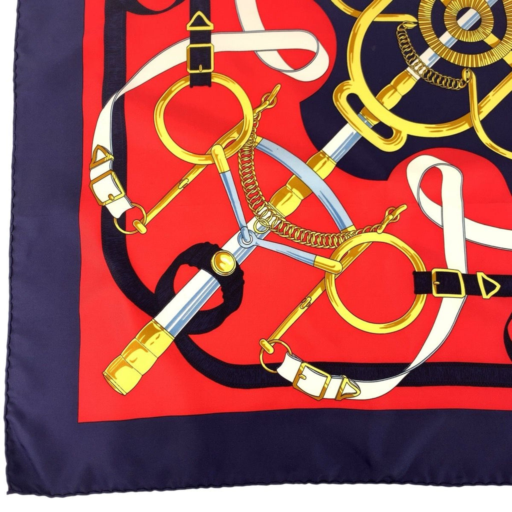 Hermes Yellow Gold Spurs Carre 90 Red Navy Silk Scarf — view 7