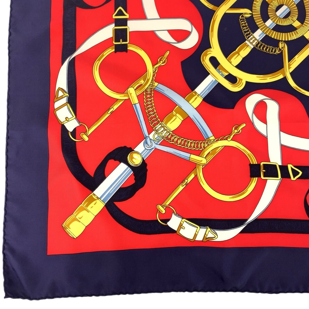 Hermes Yellow Gold Spurs Carre 90 Red Navy Silk Scarf — view 7