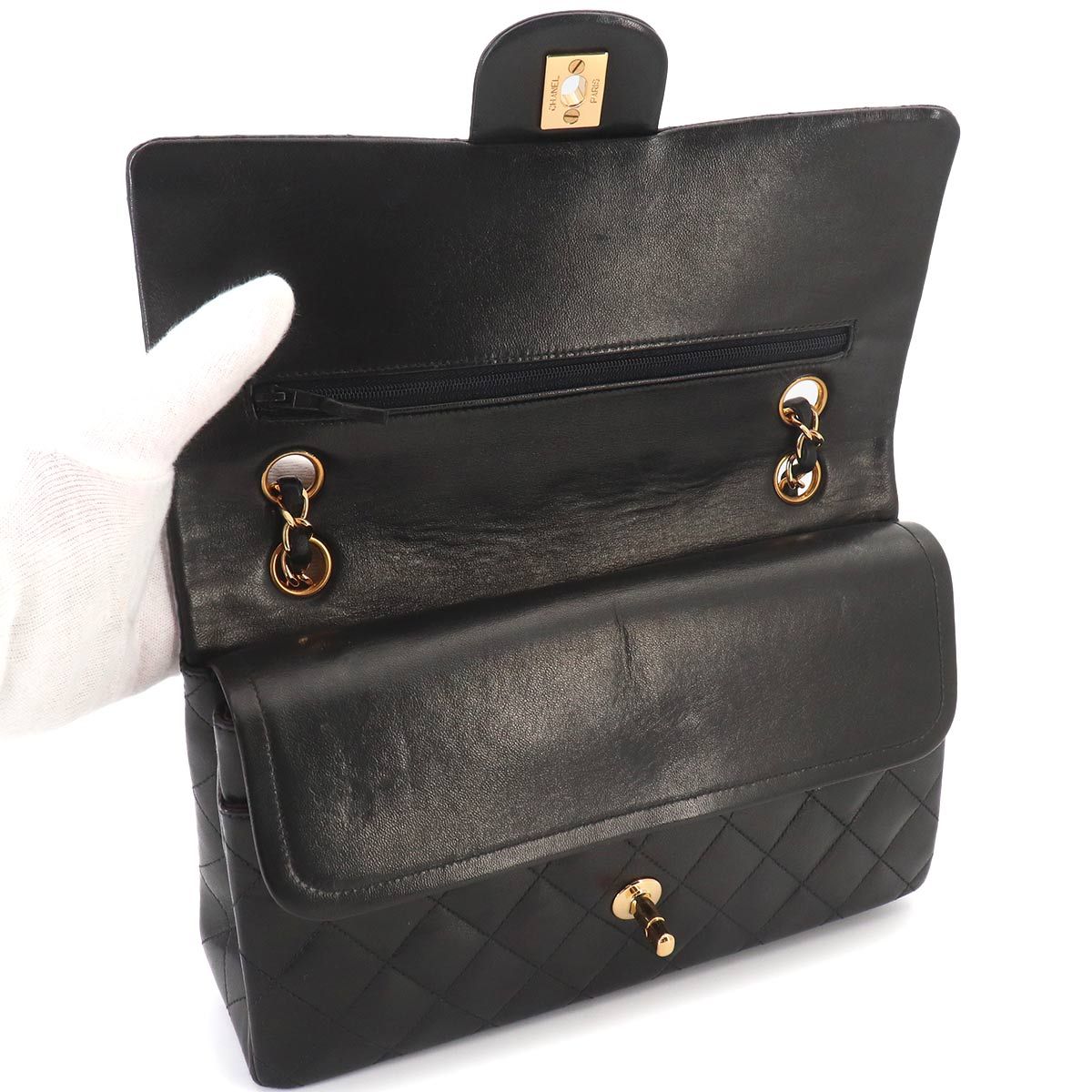 Chanel Quilted 25 Chain Shoulder Bag Lambskin Black Gold CC Logo — view 8