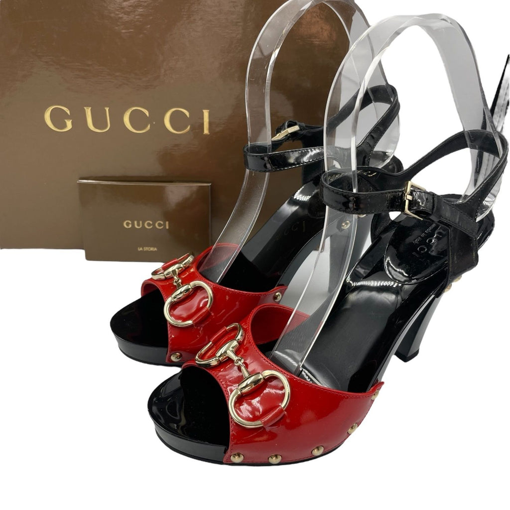 Gucci Sandals Patent Leather Ankle Strap Horsebit Red