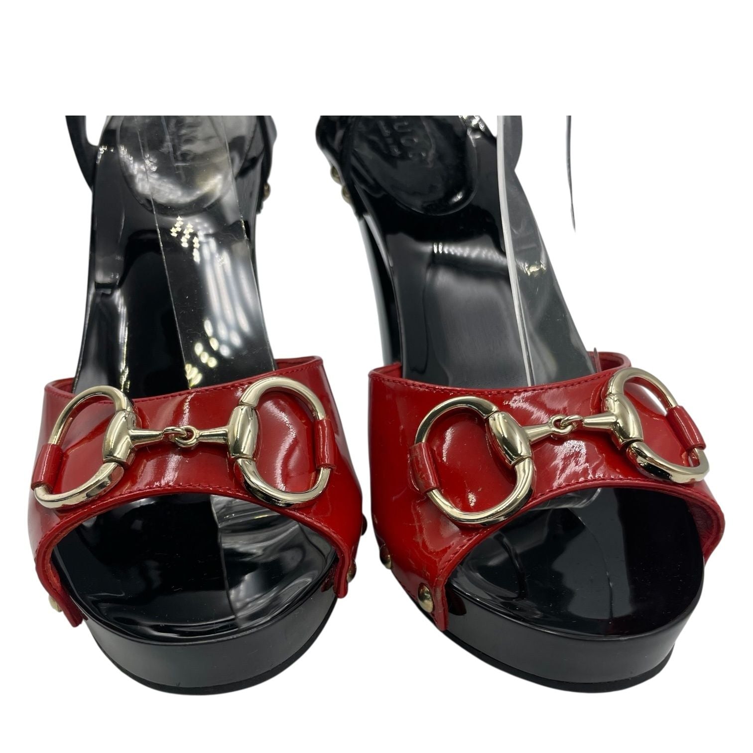 Gucci Sandals Patent Leather Ankle Strap Horsebit Red — view 5