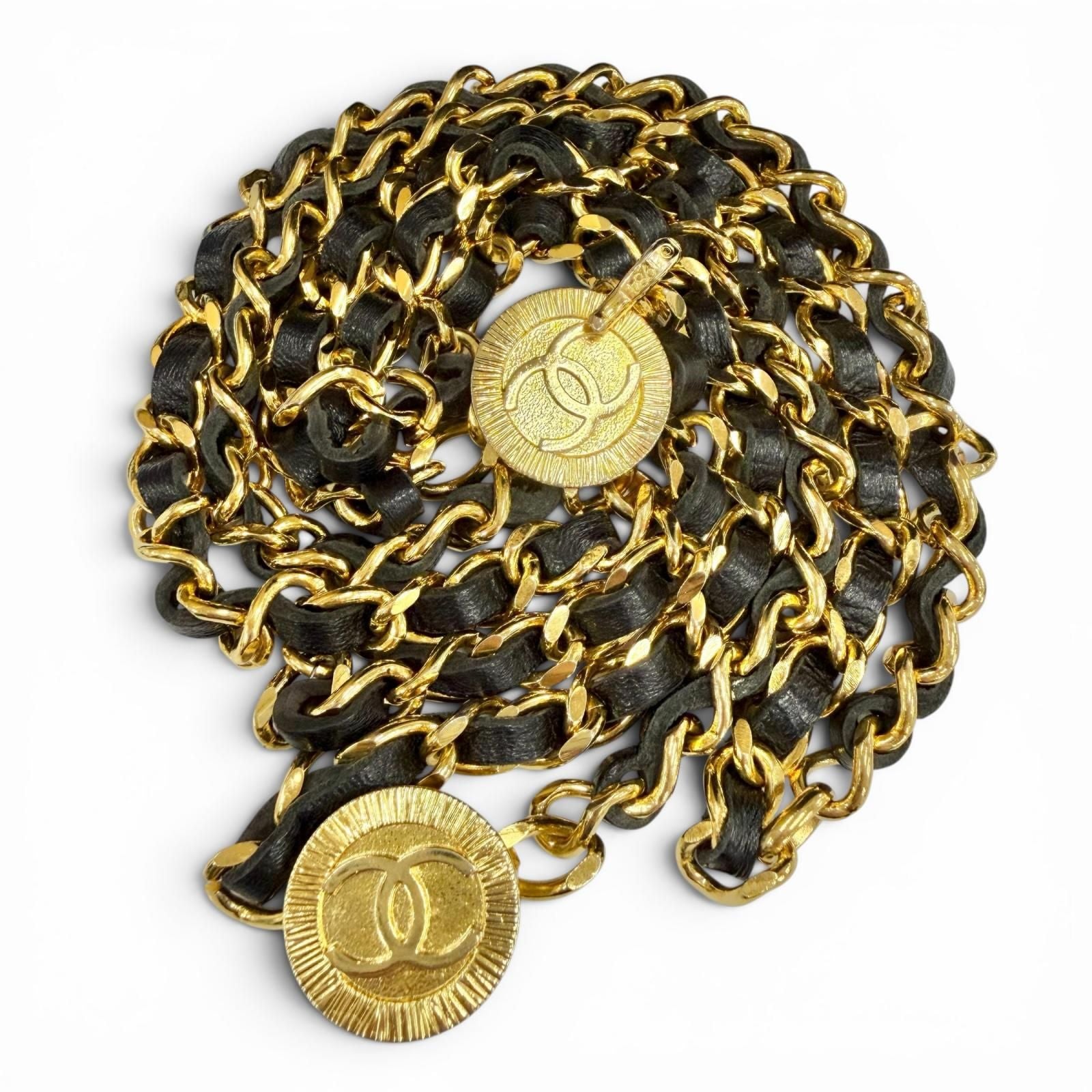 Chanel Vintage CC Logo Leather Triple Strand Chain Belt Gold Black