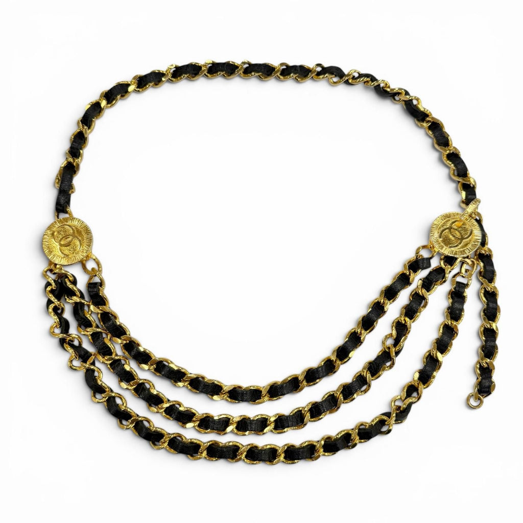 Chanel Vintage CC Logo Leather Triple Strand Chain Belt Gold Black — view 5