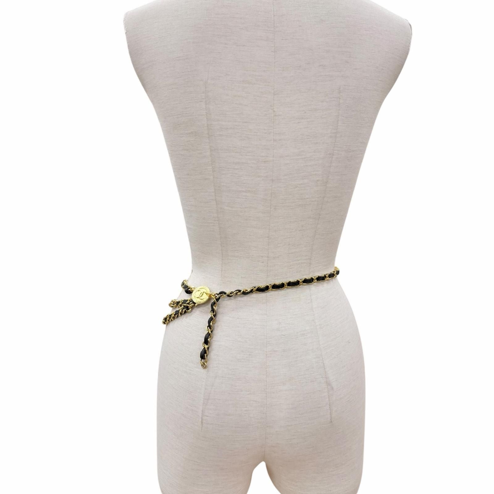 Chanel Vintage CC Logo Leather Triple Strand Chain Belt Gold Black — view 4