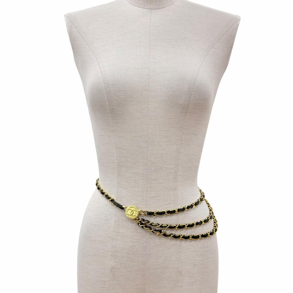 Chanel Vintage CC Logo Leather Triple Strand Chain Belt Gold Black — view 2