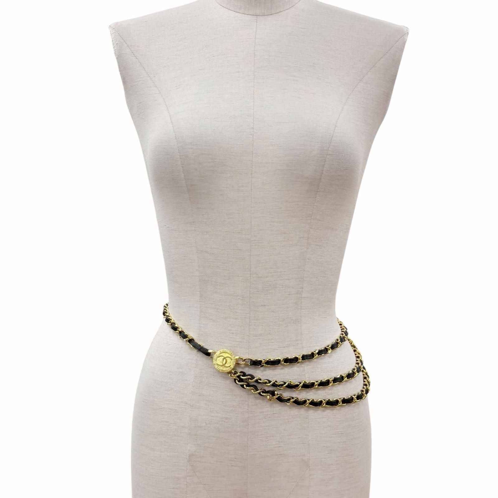 Chanel Vintage CC Logo Leather Triple Strand Chain Belt Gold Black — view 2