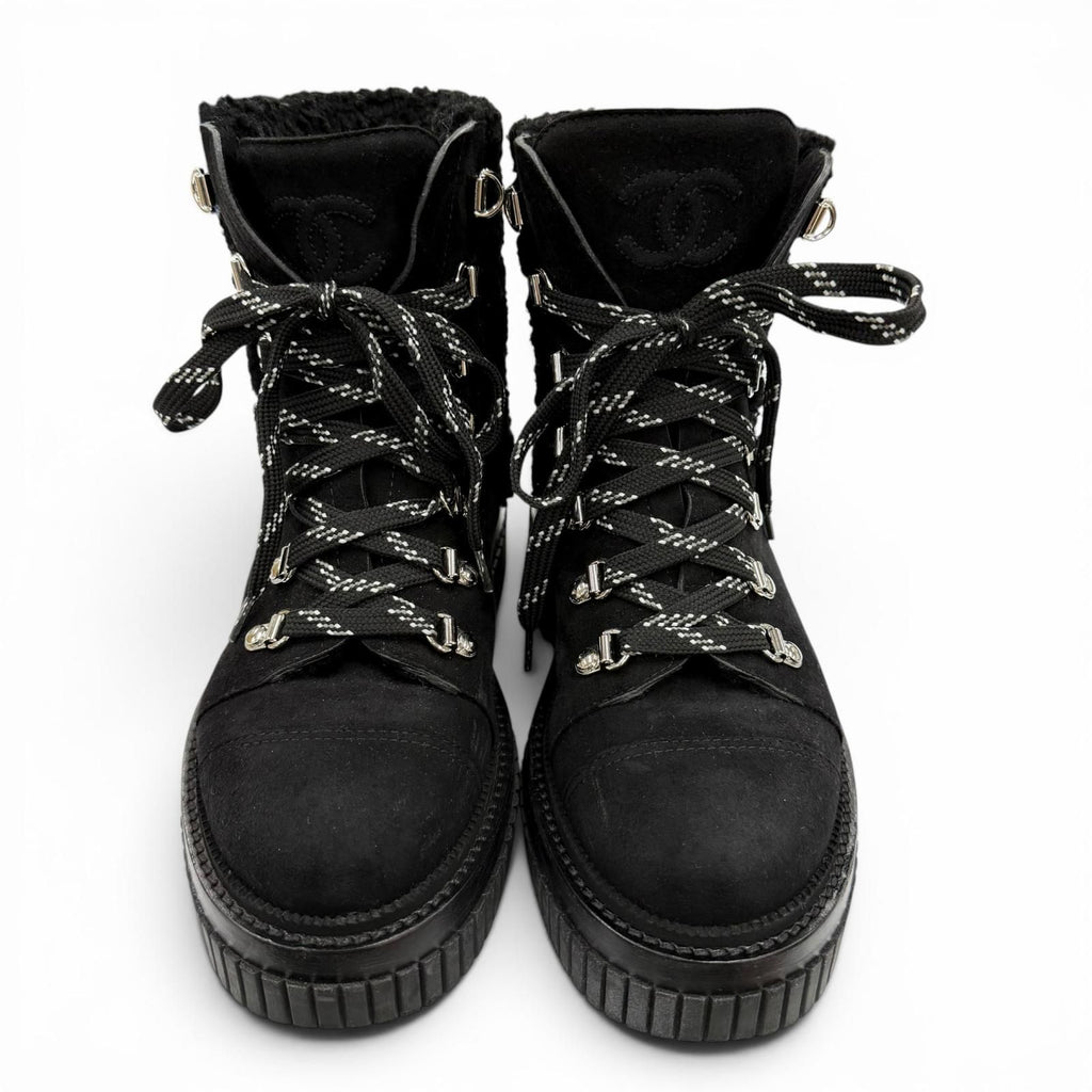 Chanel Coconage Suede Leather Quilted CC Logo Short Boots Black Silver — view 6