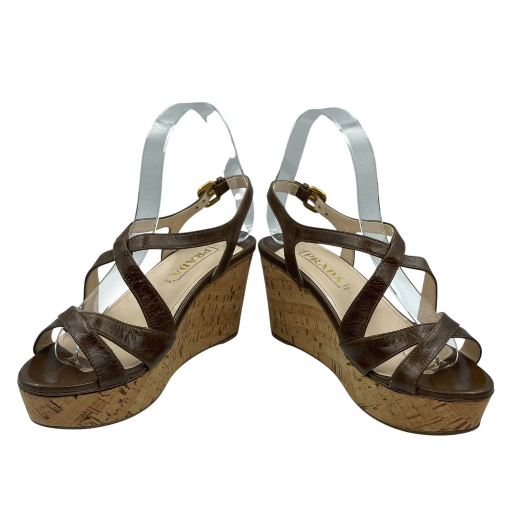 Prada Strap Sandals Leather Platform Thick Sole Wedge Brown — view 4