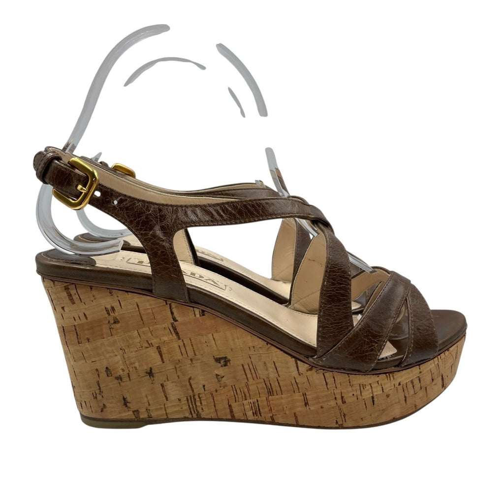 Prada Strap Sandals Leather Platform Thick Sole Wedge Brown — view 3