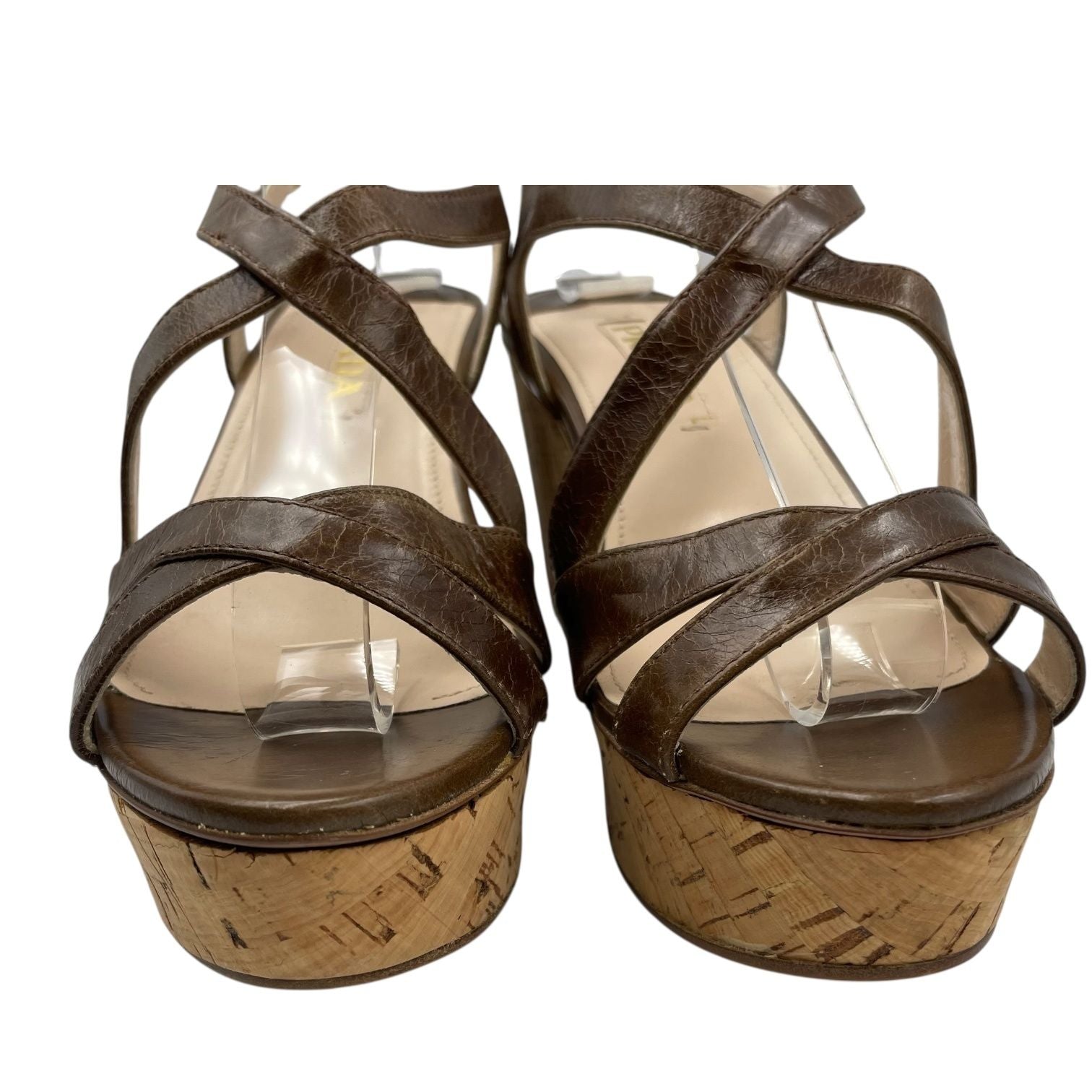 Prada Strap Sandals Leather Platform Thick Sole Wedge Brown — view 5