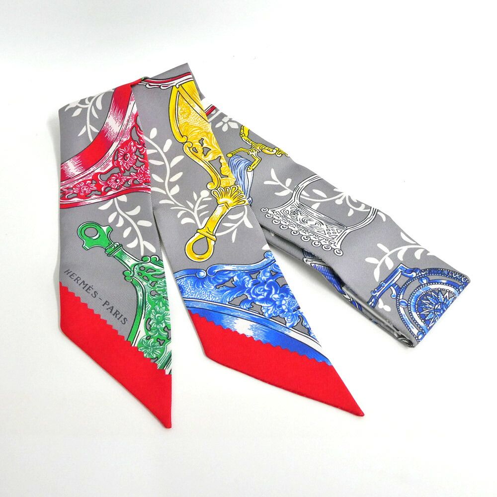 Hermes Tsuiri Stirrup Remix Etriers Silk 100% Grease Asier Rouge Gray Scarf — view 2