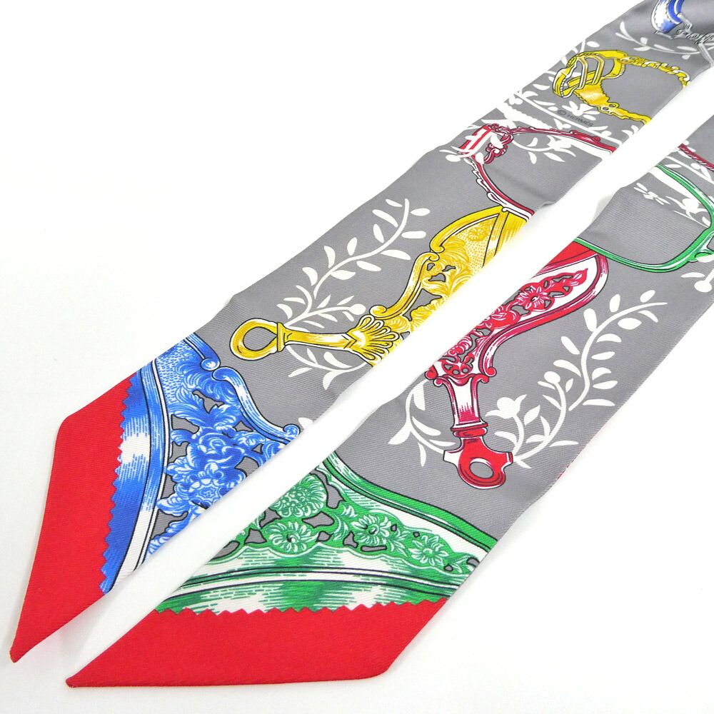 Hermes Tsuiri Stirrup Remix Etriers Silk 100% Grease Asier Rouge Gray Scarf — view 5