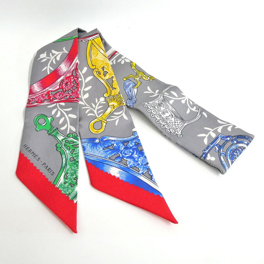 Hermes Tsuiri Stirrup Remix Etriers Silk 100% Grease Asier Rouge Gray Scarf — view 2