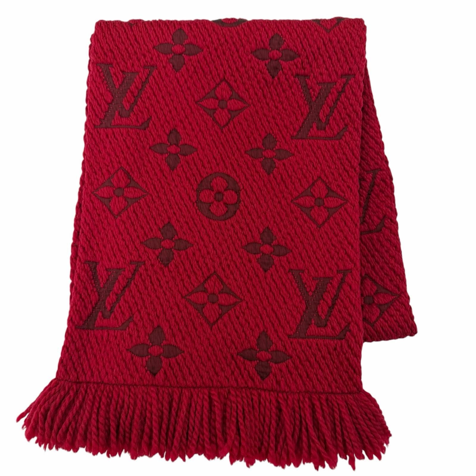 Louis Vuitton Echarpe Logo Mania Wool Silk Ruby Scarf with Fringe