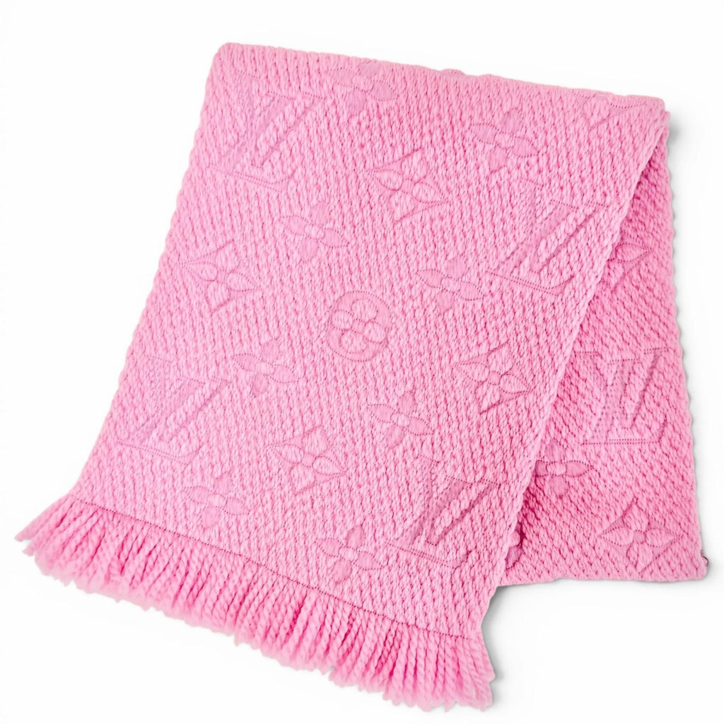 Louis Vuitton Echarpe Logo Mania Wool Silk Monogram Fringe Scarf Pink