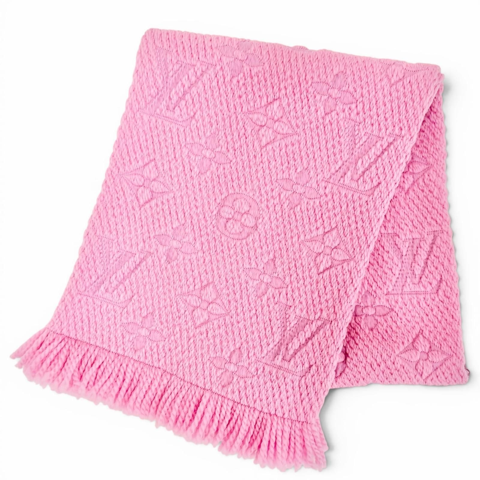 Louis Vuitton Echarpe Logo Mania Wool Silk Monogram Fringe Scarf Pink