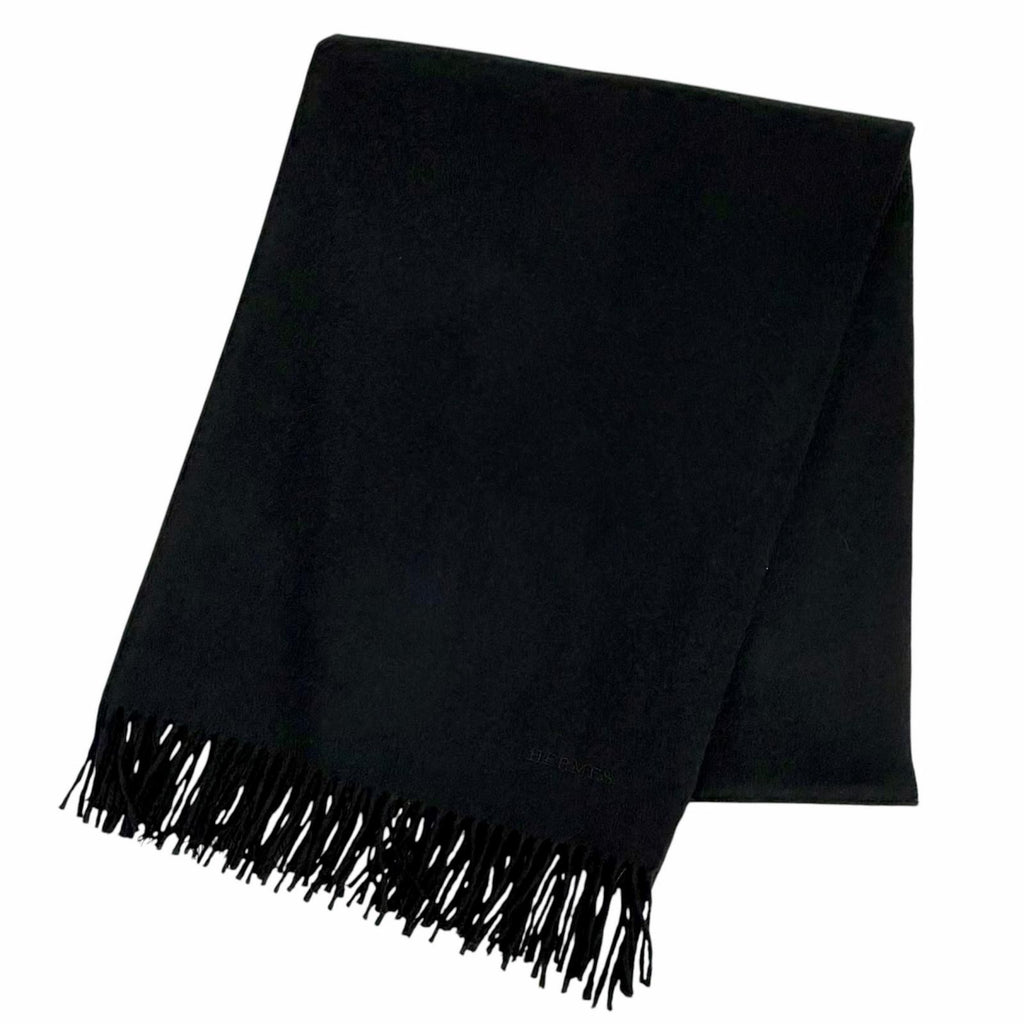 Hermes Cashmere Logo Embroidery Fringe Scarf Shawl Black