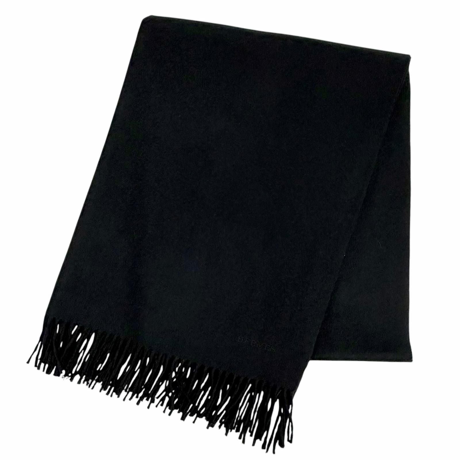 Hermes Cashmere Logo Embroidery Fringe Scarf Shawl Black