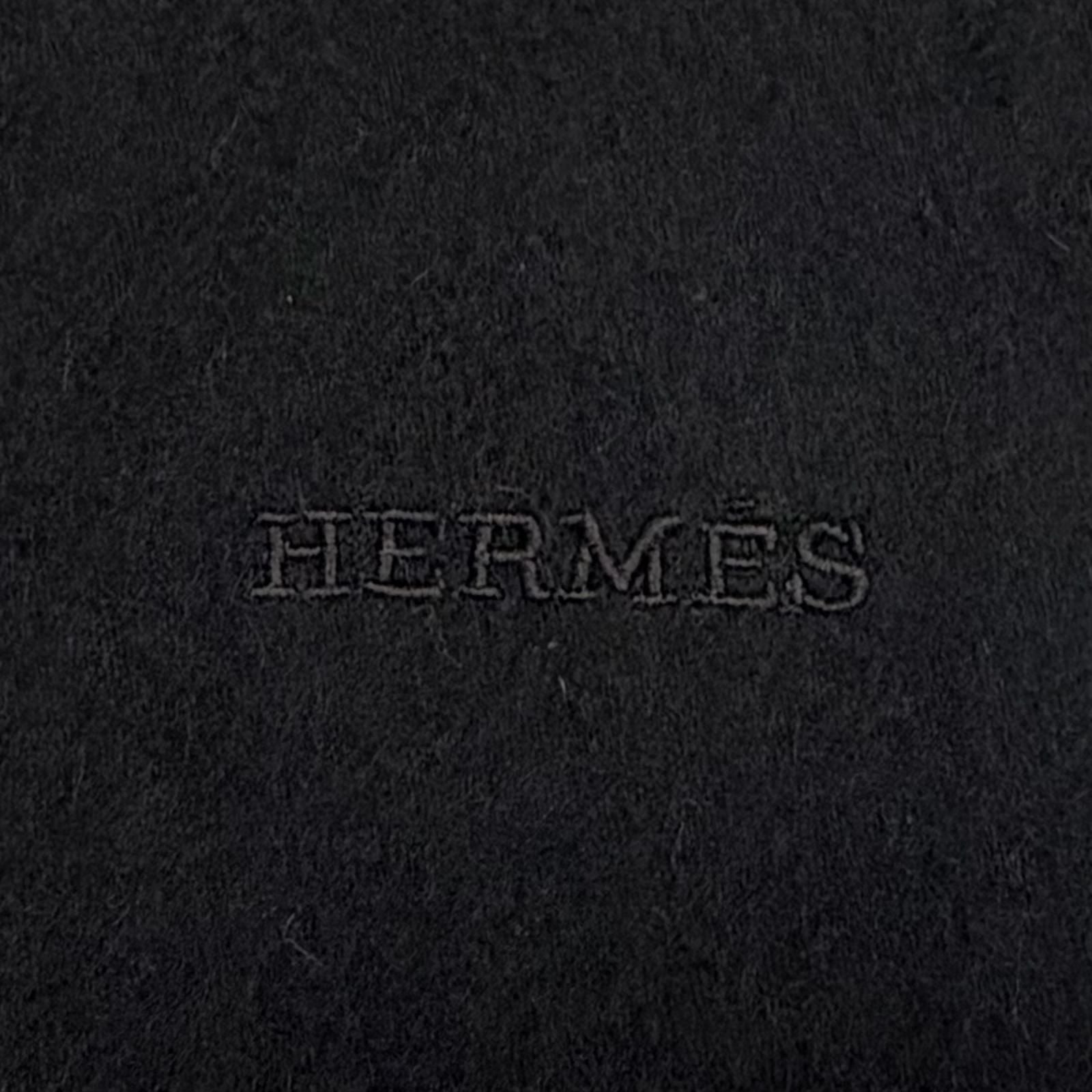 Hermes Cashmere Logo Embroidery Fringe Scarf Shawl Black — view 6