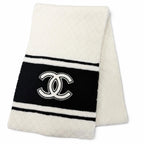 Chanel Cashmere Quilted CC Logo Large Shawl Scarf Black White