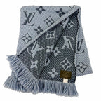 Louis Vuitton Echarpe Logo Mania Wool Silk Scarf with Fringe Blue — view 2