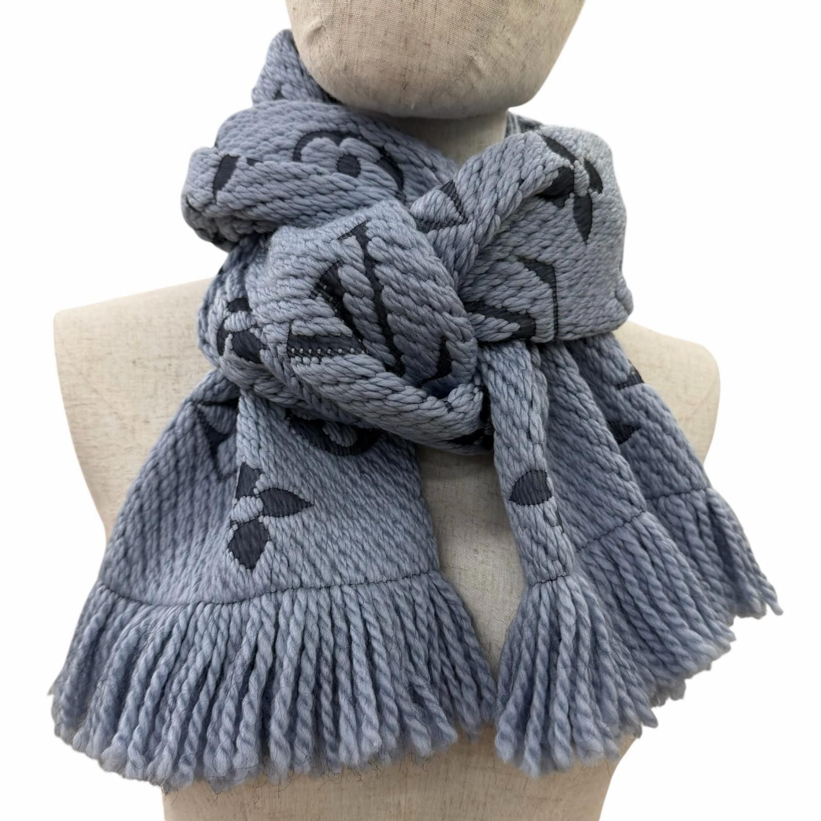 Louis Vuitton Echarpe Logo Mania Wool Silk Scarf with Fringe Blue — view 3