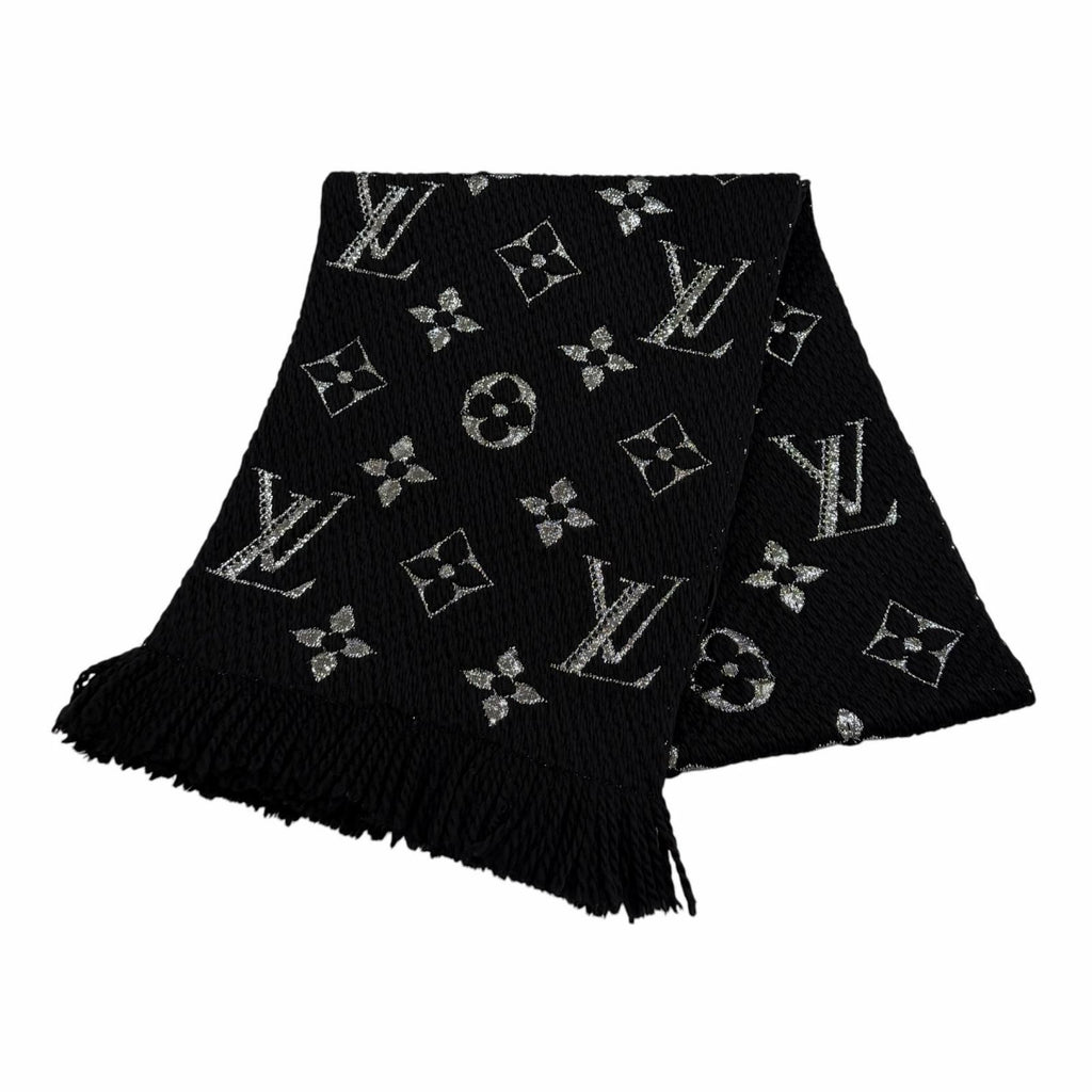 Louis Vuitton Echarpe Logo Mania Shine Wool Silk Blend Scarf with Fringe Black