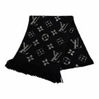Louis Vuitton Echarpe Logo Mania Shine Wool Silk Blend Scarf with Fringe Black