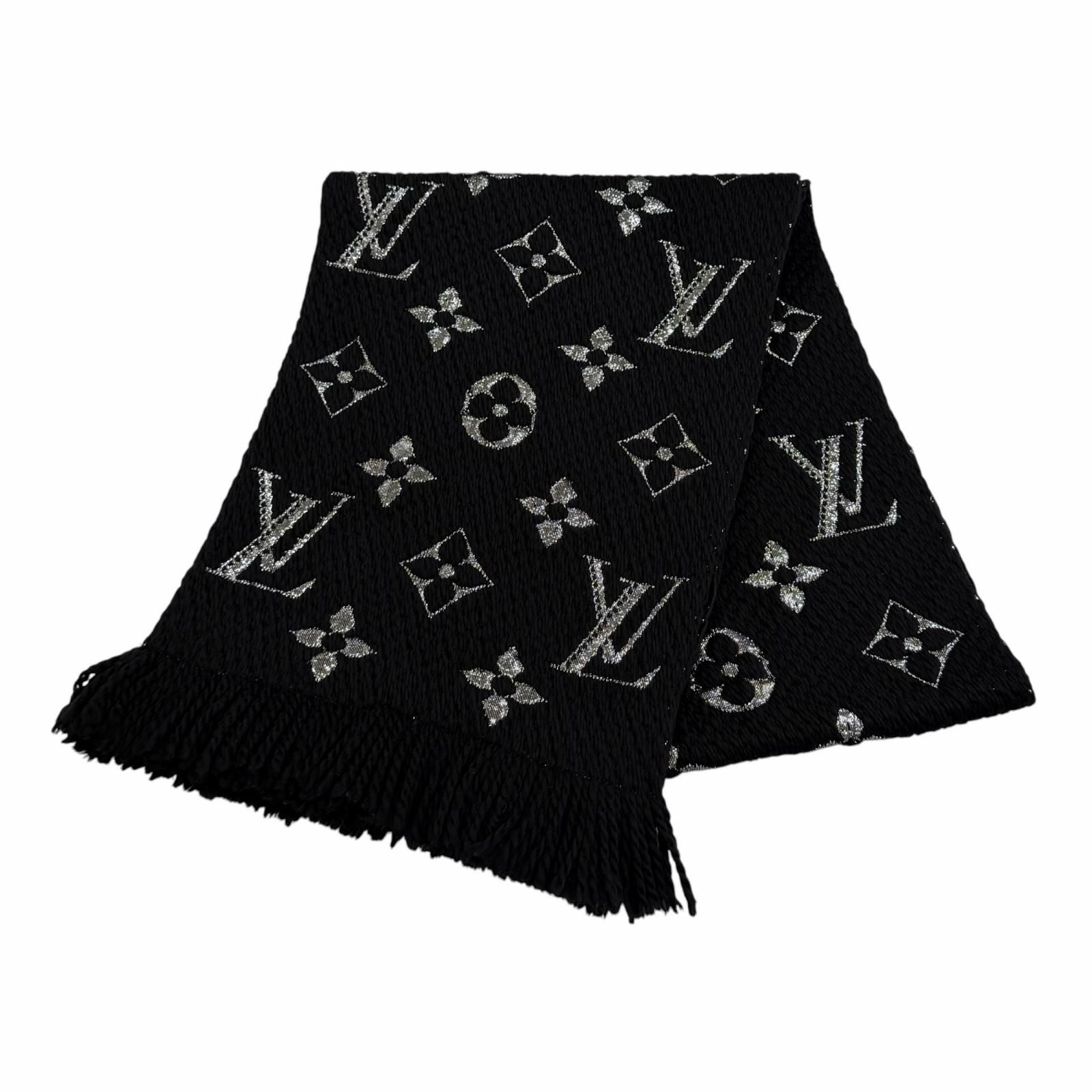 Louis Vuitton Echarpe Logo Mania Shine Wool Silk Blend Scarf with Fringe Black
