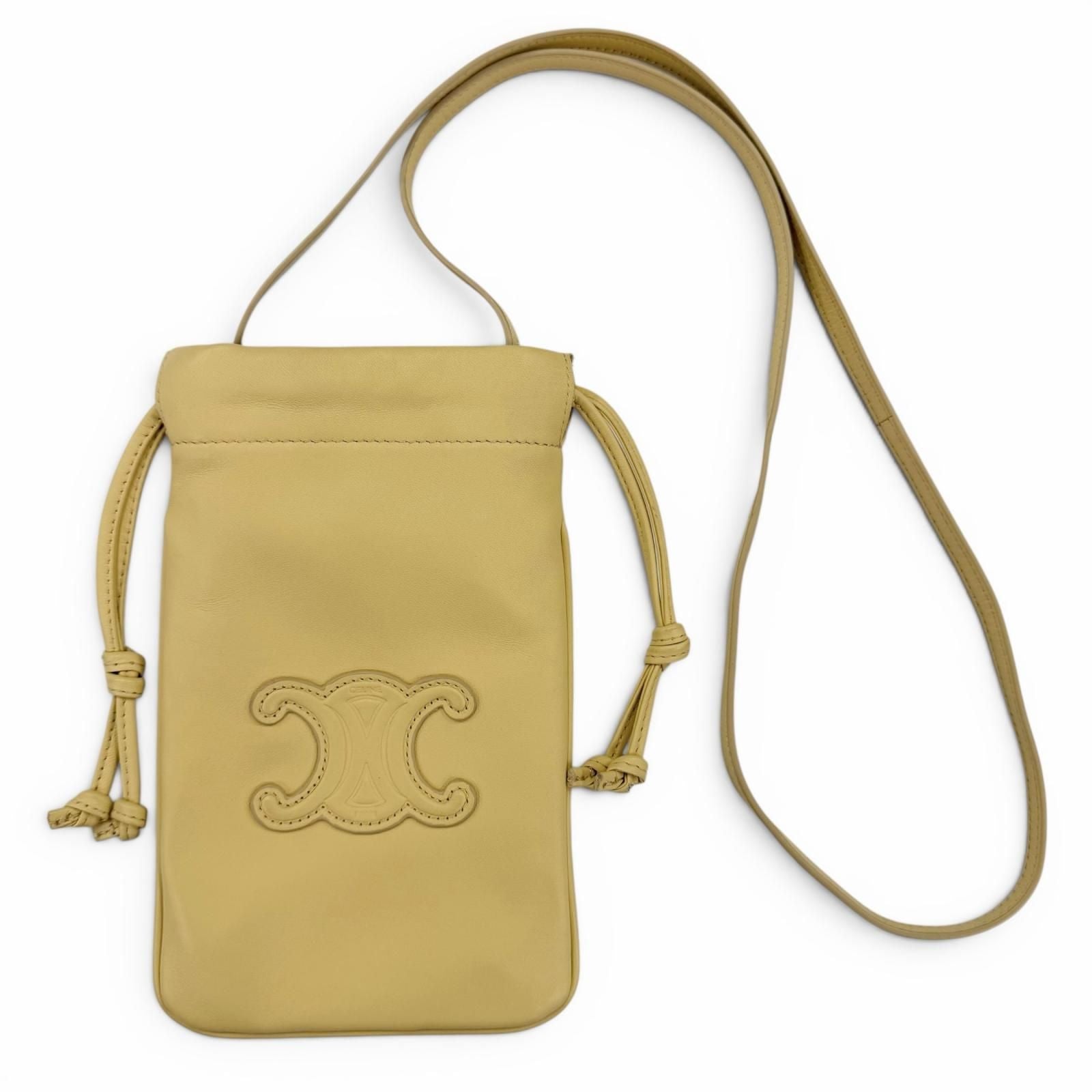 Celine Cuill Triomphe Drawstring Leather Mobile Pouch Shoulder Bag Beige