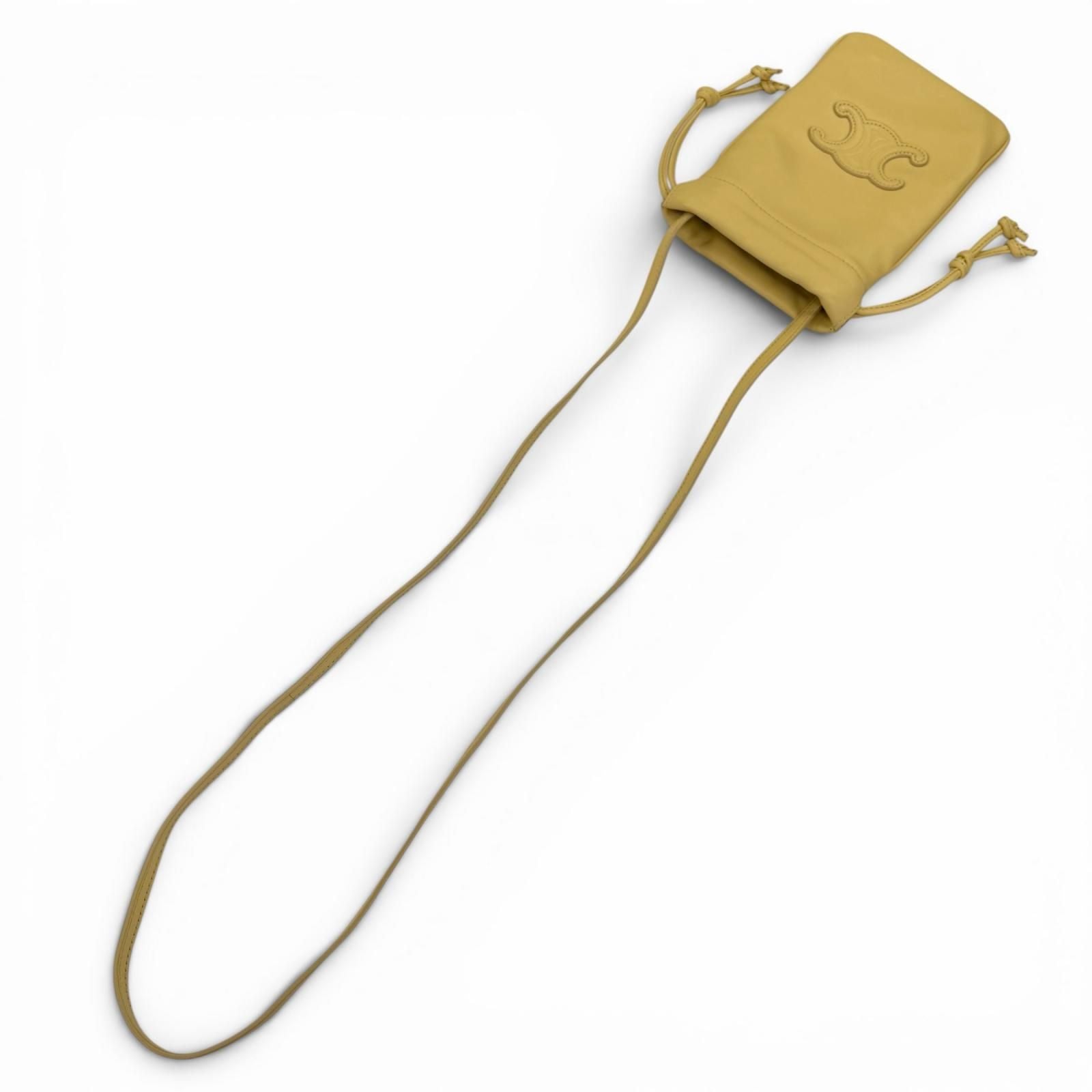 Celine Cuill Triomphe Drawstring Leather Mobile Pouch Shoulder Bag Beige — view 3