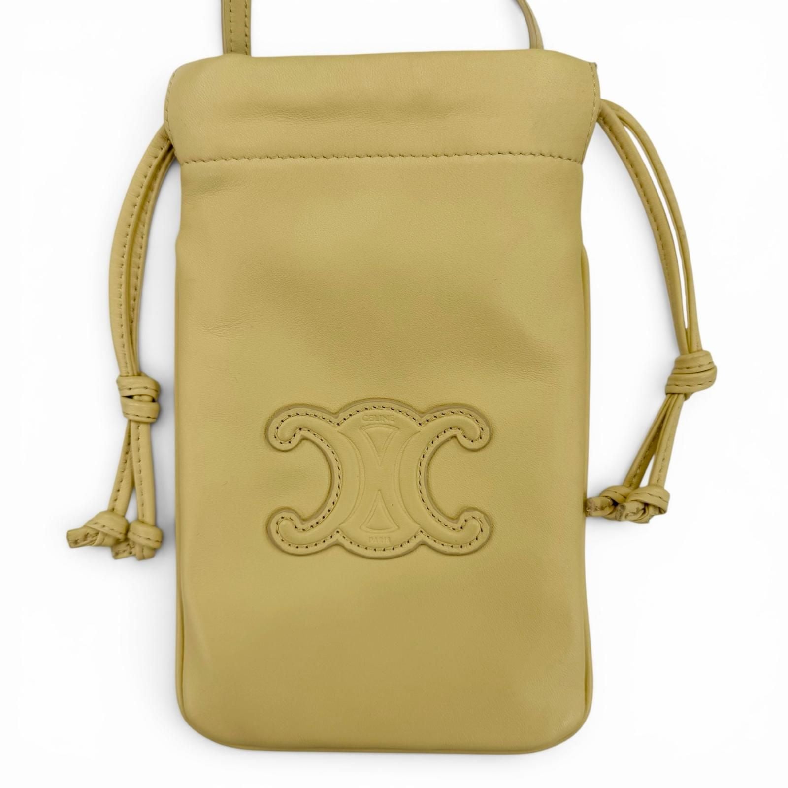 Celine Cuill Triomphe Drawstring Leather Mobile Pouch Shoulder Bag Beige — view 2