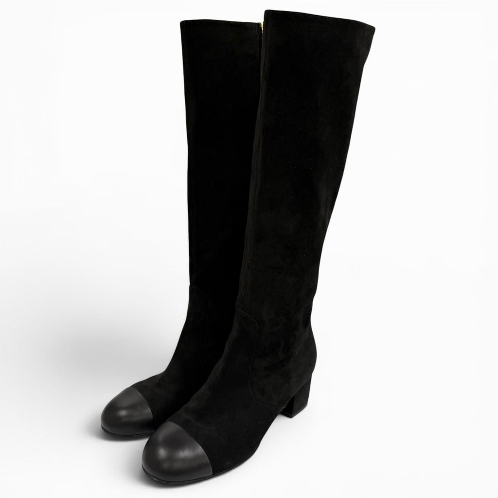 Chanel Chunky Heels Suede Leather Long Boots Black 37 with CC Logo