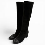Chanel Chunky Heels Suede Leather Long Boots Black 37 with CC Logo